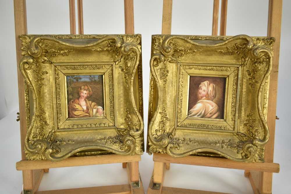 Lot 1175 - After Guido Reni, pair of 19th century watercolours - miniature portraits, 9cm x 8cm, in deep Victorian gilt scroll frames, 27cm x 25.5cm overall