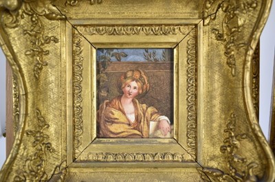 Lot 1175 - After Guido Reni, pair of 19th century watercolours - miniature portraits, 9cm x 8cm, in deep Victorian gilt scroll frames, 27cm x 25.5cm overall