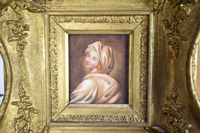 Lot 1175 - After Guido Reni, pair of 19th century watercolours - miniature portraits, 9cm x 8cm, in deep Victorian gilt scroll frames, 27cm x 25.5cm overall