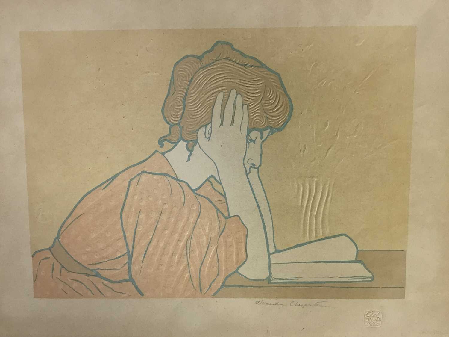 Lot 228 - Alexander-Louis-Marie Charpentier, 1856-1909. Art Nouveau studio embossed lithograph, 1896, “Young Woman Reading”. Signed in graphite and embossed studio mark “The Studio London” lower right