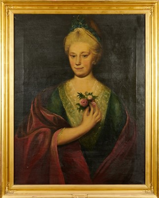 Lot 391 - English School, late 18th century, oil on canvas - portrait of a lady, ‘Mrs Milbourne’ 90cm x 70cm, in gilt frame