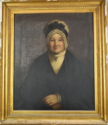 Lot 1077 - English School, early 19th century, oil on canvas - portrait of Mrs William Aberdeen, label verso, 76cm x 64cm, in original gilt frame