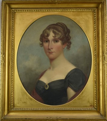 Lot 1074 - English School, early 19th century, oil on canvas - portrait of a young lady, oval, 59cm x 50cm, in gilt frame