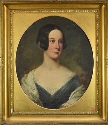 Lot 1075 - English School, early 19th century, oil on canvas - portrait of a young lady, oval, 59cm x 50cm, in gilt frame