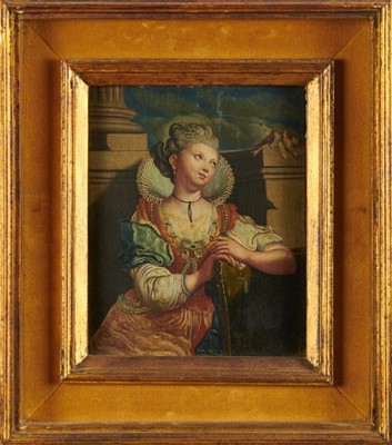 Lot 1080 - Continental School, 19th century, oil on canvas laid on panel, lady with two doves, 22cm x 17.5cm, in gilt frame