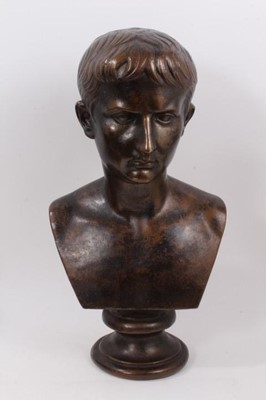 Lot 891 - Grand Tour style bronzed plaster library bust of Augustus Caeser with impressed makers mark to reverse- Orpheus, London.