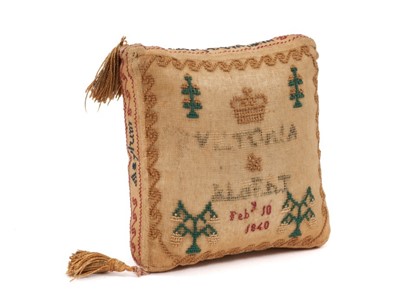 Lot 785 - Female orphan asylum Cheltenham interest: Rare early Victorian miniature needlework cushion