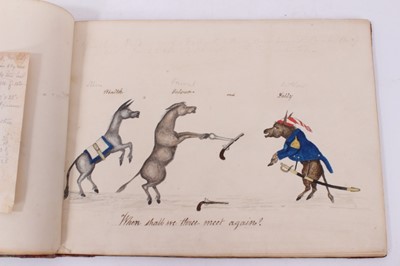 Lot 717 - Amusing 19th century hand drawn and painted satirical book, depicting officers as donkeys and with various other sketches, marbled board ends, 19 x 25cm