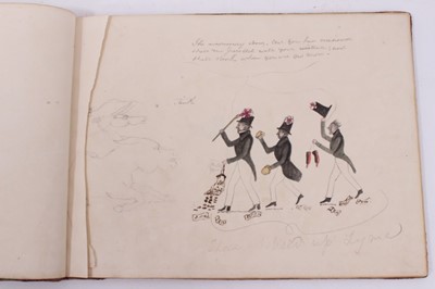 Lot 717 - Amusing 19th century hand drawn and painted satirical book, depicting officers as donkeys and with various other sketches, marbled board ends, 19 x 25cm