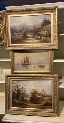 Lot 200 - Pair of late Victorian oil paintings in original gilt frames- rural landscapes with figures and cottages, together with another of Thames barges (3)