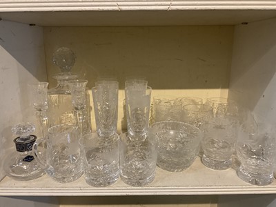 Lot 586 - Royal Brierly English Crystal glassware, approximately 23 pieces to include decanter, pair of candlesticks, scent bottle, set of six champagne glasses, tumblers etc