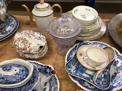 Lot 21 - Group of 19th century and later china and glass, including tea wares, English Greek Key pattern cup and saucer, Royal commemorative glass, etc