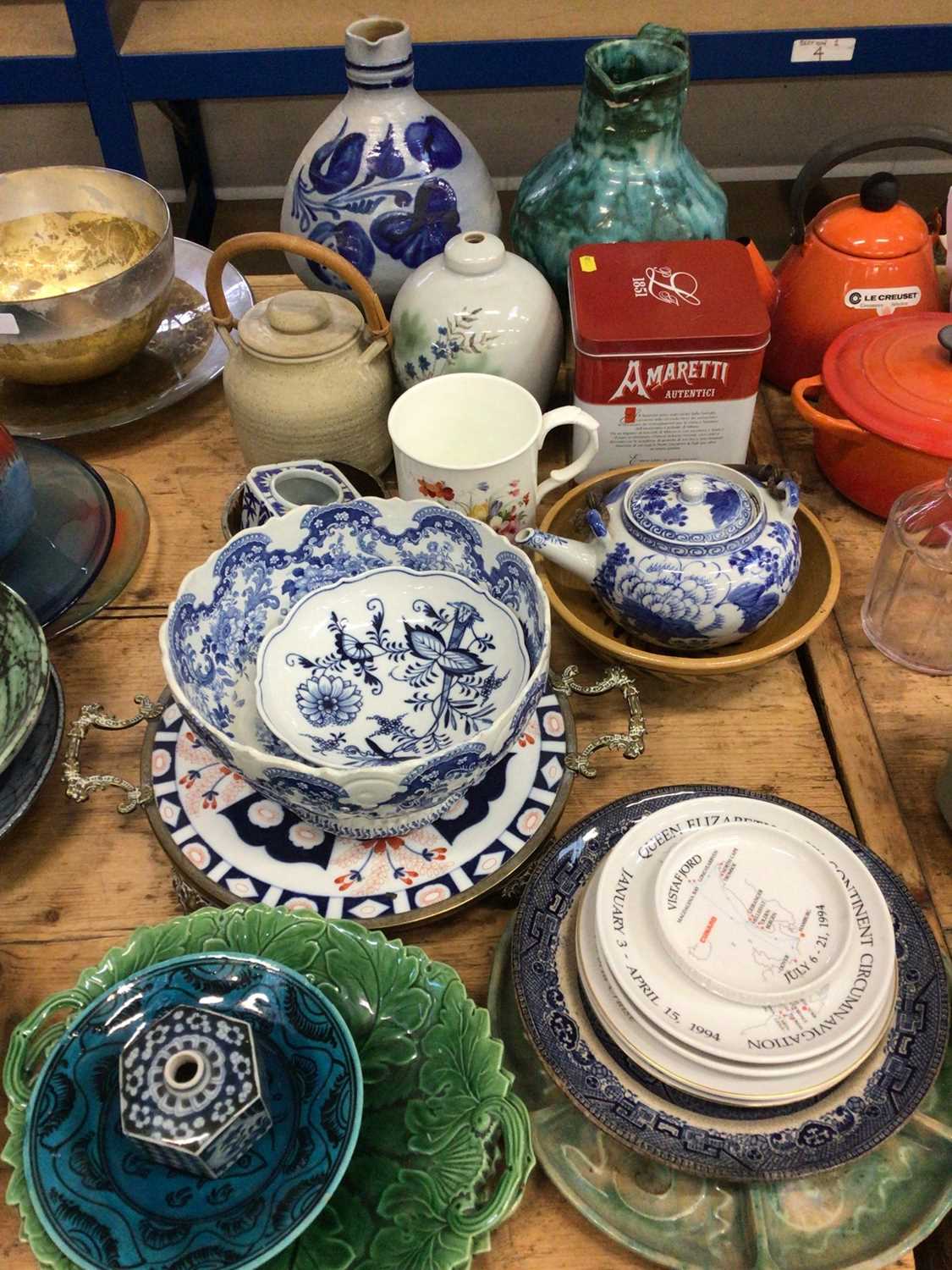 Lot 23 - Group of ceramics and glassware, including green majolica dishes, an Imari serving dish, etc