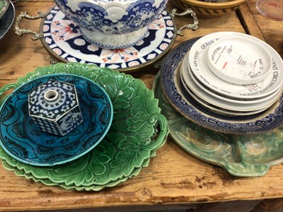 Lot 23 - Group of ceramics and glassware, including green majolica dishes, an Imari serving dish, etc