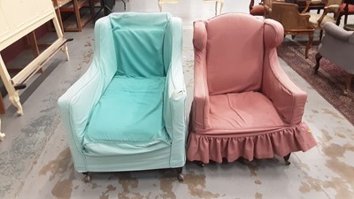 Lot 1014 - Edwardian wing back armchair with loose pink cover and another with loose blue cover (2)