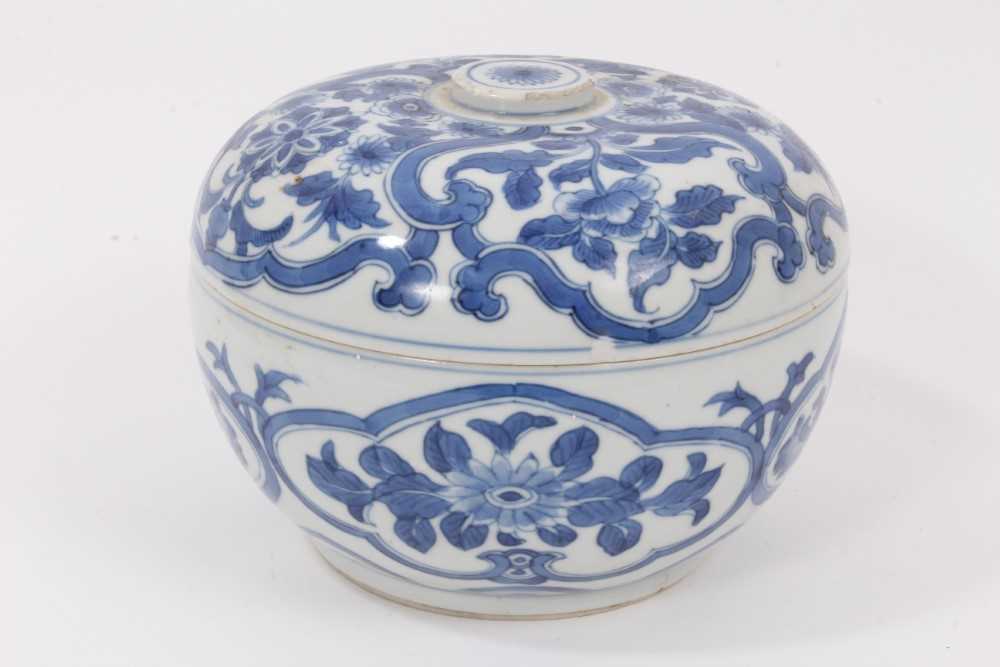 Lot 17 - A Chinese blue and white porcelain pot and cover, Kangxi period, decorated with foliate patterns