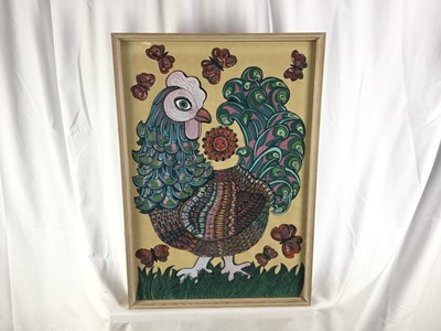 Lot 51 - *Dione Page (1936-2021) gouache still life of Chinese vases and flowers, together with a double portrait by the same hand, and a cockerel also possibly by the same hand (3)