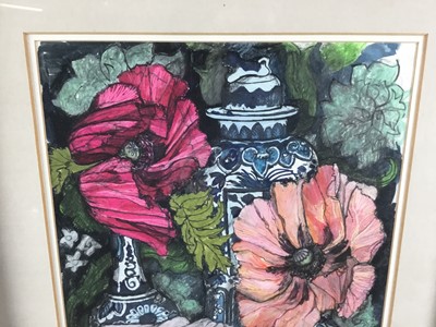 Lot 51 - *Dione Page (1936-2021) gouache still life of Chinese vases and flowers, together with a double portrait by the same hand, and a cockerel also possibly by the same hand (3)
