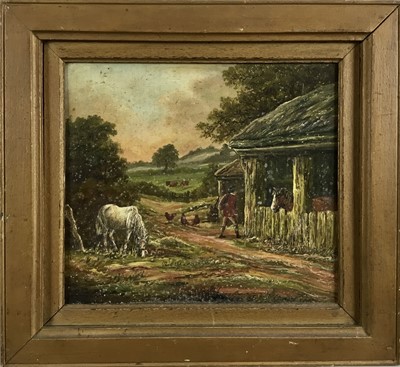 Lot 200 - 19th century oil on panel of horses in a barn, 22cm x 25cm, framed