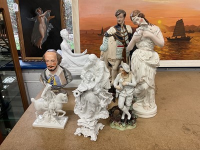 Lot 216 - Group of Staffordshire figures and group of white glazed figures and a whisky advertising figure