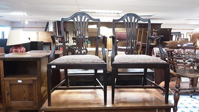 Lot 1166 - Set of six Hepplewhite style carved mahogany dining chairs, to include pair of carvers