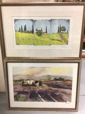 Lot 306 - Franz Heigl signed print- Afternoon Siesta, Tuscany, Geoff Sloman watercolour study- Barges on the Thames, one other nautical watercolour and various other contemporary prints