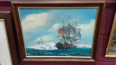 Lot 339 - Freddell oil on canvas - Warships firing Broadsides