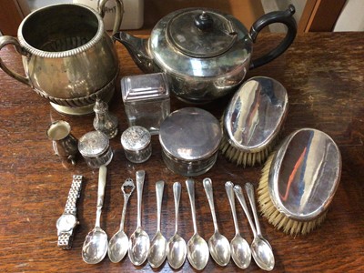 Lot 882 - Group of silver teaspoons, silver topped glass vanity jar, pair of silver backed brushes, plated ware and a Boss bi-metal wristwatch