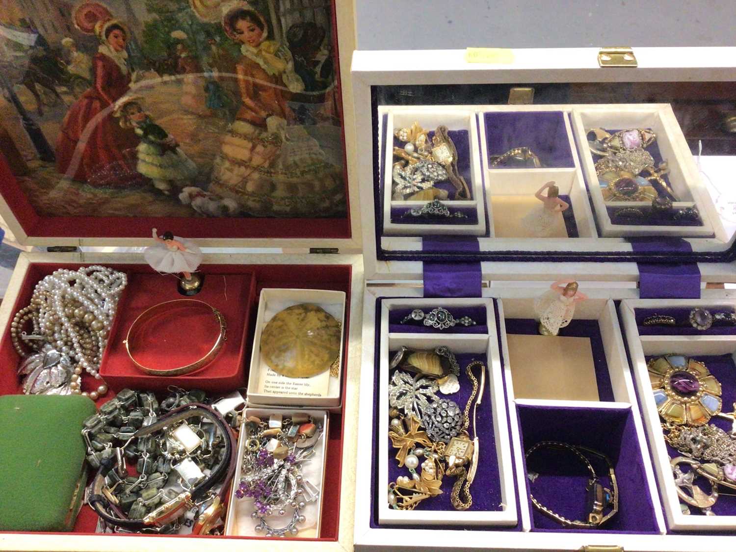 Lot 832 - Two jewellery boxes containing 18ct gold sapphire seven stone ring, two 9ct gold gem set dress rings, other costume jewellery and wristwatches