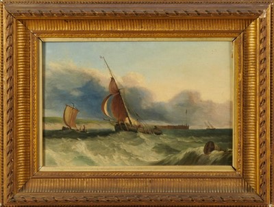 Lot 1194 - Attributed to Edmund John Niemann (1813-1876) oil on panel - Fishing vessels off the coast, indistinctly signed within the buoy, 25cm x 37cm, in gilt frame