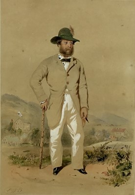 Lot 89 - Gambrel watercolour - A Swiss gentleman standing in a landscape smoking a cigar, signed and dated 1849, 31.5 x 22cm, framed