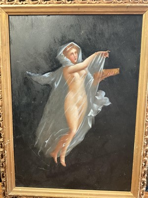 Lot 153 - Neapolitan School 19th Century, oil on board, 
A floating nude goddess. 34 x 24cm.