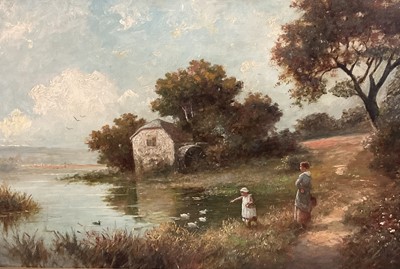 Lot 145 - English School 19th Century, oil on canvas, A river landscape with a mother and child feeding 
ducks. 39 x 59cm.