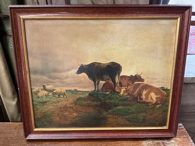 Lot 150 - Manner of T.S. Cooper, oil on canvas, cattle and sheep in a meadow, 39 x 49cm