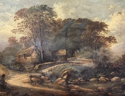 Lot 148 - English School 19th Century, oil on board, river landscape with a bridge and farm. 45 x 60cm