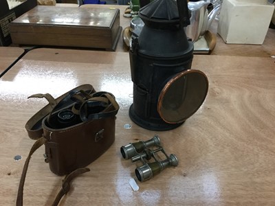 Lot 417 - Vintage Indian Railway lamp stamped 'I.R.  H.A.G.T.F. Bombay', together with a pair of Denhill 8x25 binoculars in case and a pair of field glasses