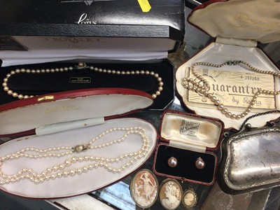 Lot 862 - Simulated pearl necklaces, pair of earrings, three cameos and a silver plated purse