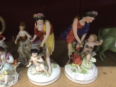 Lot 627 - Group of ceramics, including continental figures, Chinese celadon horses, Doulton Lambeth biscuit jar, etc