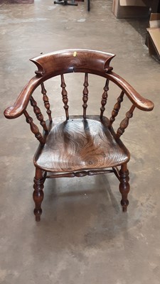 Lot 1031 - Late Victorian elm and beech captains chair on turned legs joined by stretchers