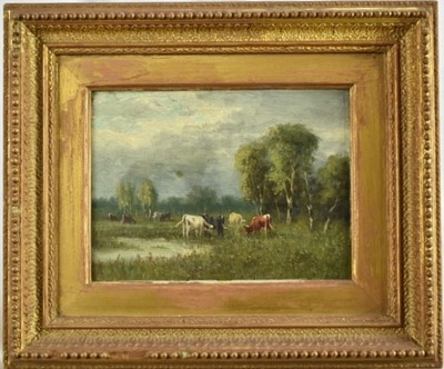 Lot 1090 - William Frederick Hulk (1852-c.1906) Pair of late 19th century oils on canvas in original gilt frames - rural landscapes with cattle watering