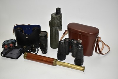 Lot 2355 - Old brass and mahogany three-draw telescope supplied by Broadhurst Clarkson & Co. Ltd, London, various binoculars and field glasses