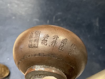 Lot 708 - Late 19th/early 20th century Chinese metalwork opium pipe and other related paraphernalia