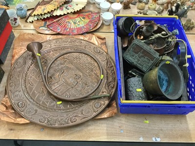 Lot 465 - Copper hunting horn, and various antique and vintage metal wares