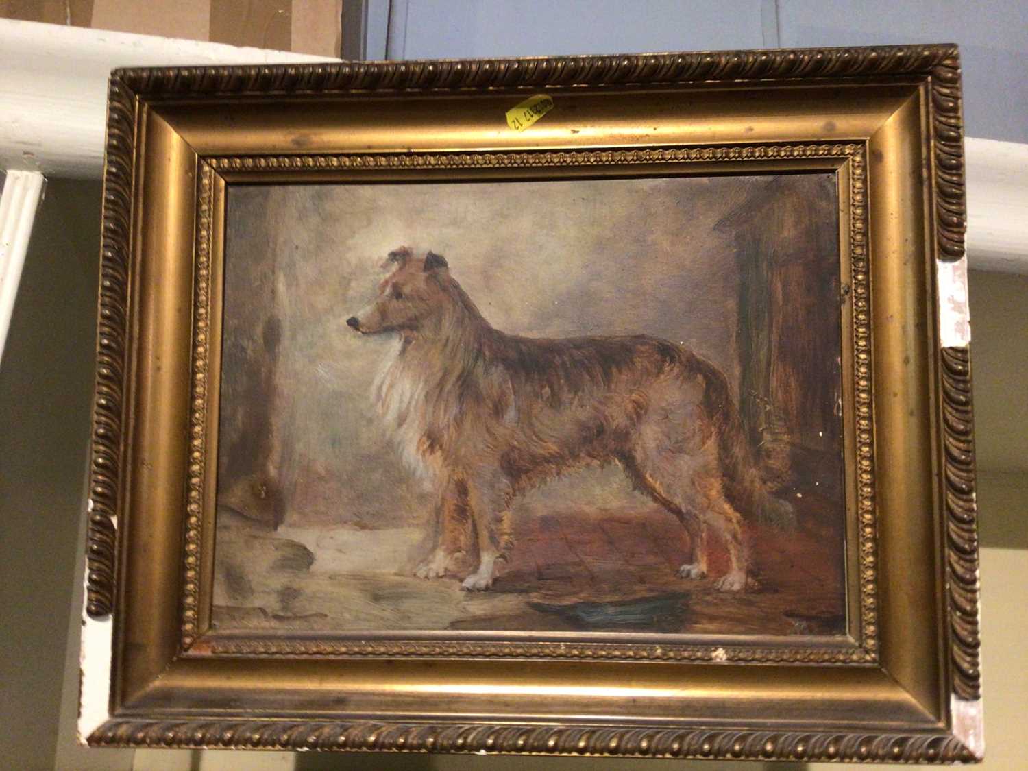 Lot 587 - Oil on board depiction of a dog