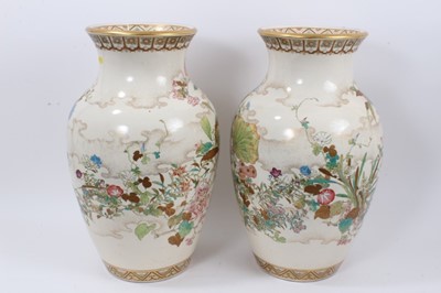 Lot 29 - Pair impressive late 19th century Japanese Satsuma earthenware vases and pair hardwood stands