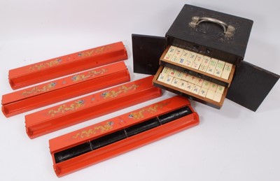 Lot 815 - Oriental mah jong bone set in cabinet with accessories