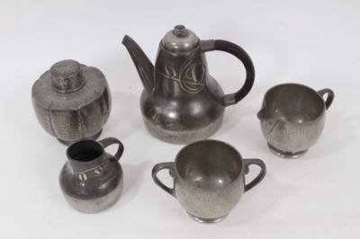 Lot 705 - Tudric pewter teapot and ensuite cream jug, by Archibald Knox, other pewter