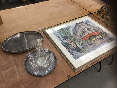 Lot 443 - Two silver plated trays, a cut glass decanter, glasses and a Val Tsar limited edition print signed by the artist.