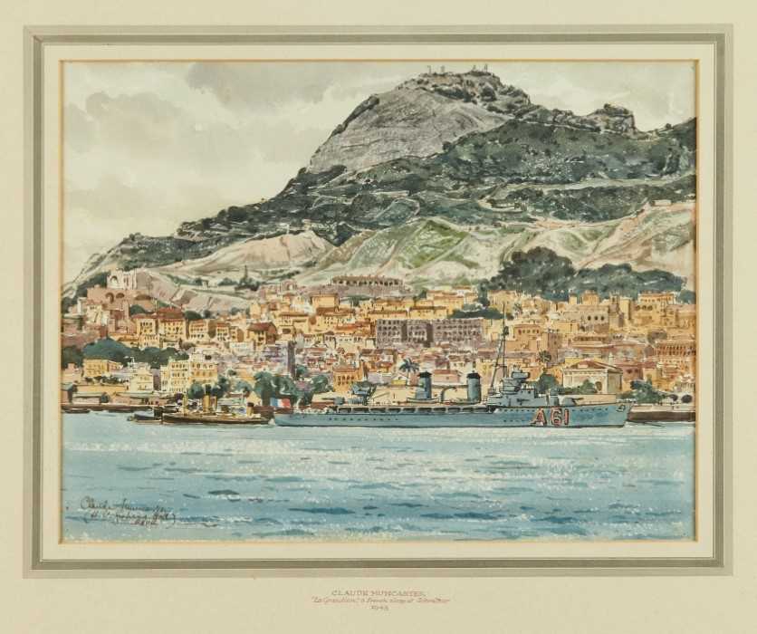 Lot 1167 - *Claude Muncaster (Grahame Hall) RWS RBA ROI SMA (1903-1974) watercolour - 'La Grandiere' A French Sloop at Gibraltar, signed, 29.5cm x 22cm, mounted in glazed frame