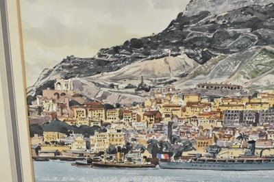 Lot 1167 - *Claude Muncaster (Grahame Hall) RWS RBA ROI SMA (1903-1974) watercolour - 'La Grandiere' A French Sloop at Gibraltar, signed, 29.5cm x 22cm, mounted in glazed frame